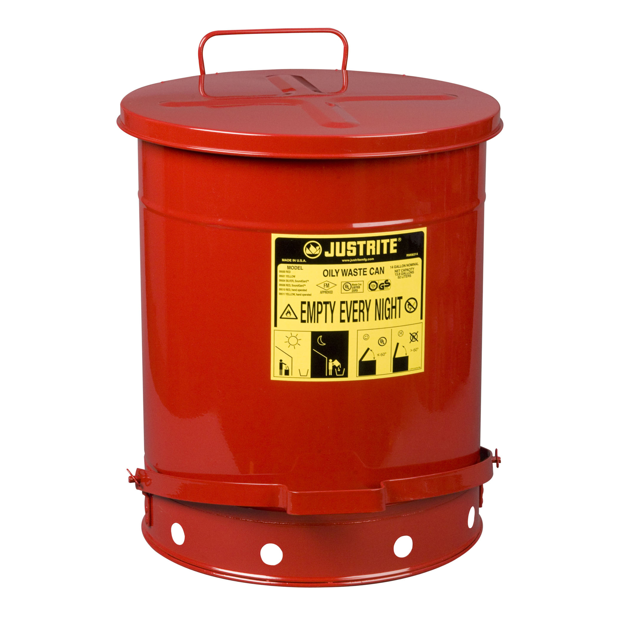 Justrite Oily Waste Can — 14-Gal., Hands-Free, Self-Closing Cover, Red, Model# 09500